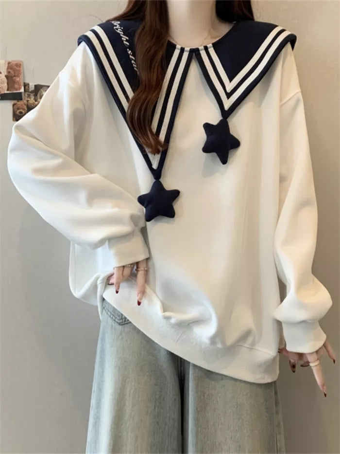Women's White Sailor Collar Sweatshirt Cute 3D Star Pendant Pullover