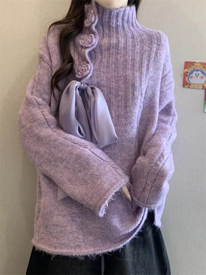 Women's Lavender Purple Mock Neck Knit Sweater Large Satin Bow Tie 3D Rose Button Pullover