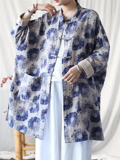 Women's Vintage Chinese Style Blue Batik Print Padded Coat Mid-Length Cotton Linen Jacket with Frog Buttons