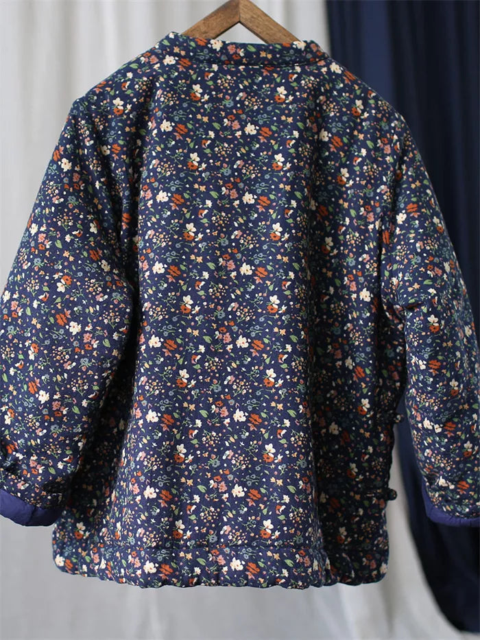 Women's Vintage Chinese Style Blue Floral Padded Jacket Cotton Linen Frog Button Short Coat
