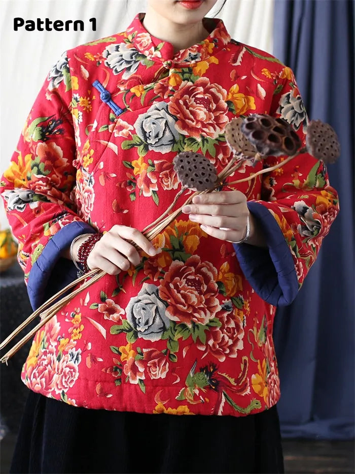 Women's Vintage Chinese Style Blue Floral Padded Jacket Cotton Linen Frog Button Short Coat