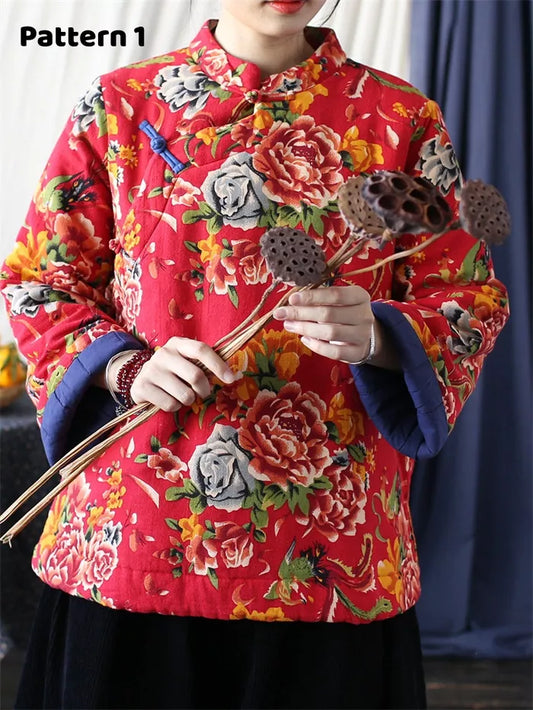 Women's Vintage Chinese Style Red Floral Padded Jacket Cotton Linen Frog Button Short Coat