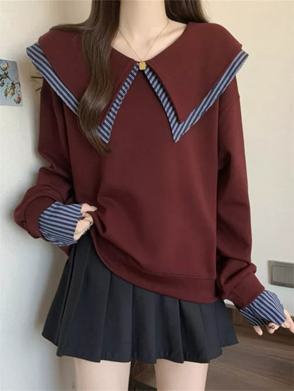 Women's Burgundy Sailor Collar Sweatshirt Fake Two-Piece Striped Pullover
