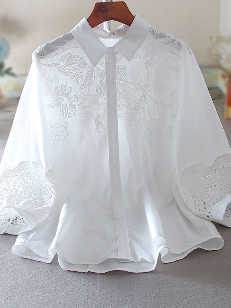 100% Cotton Blouse with Floral Embroidery & Lace Cuffs