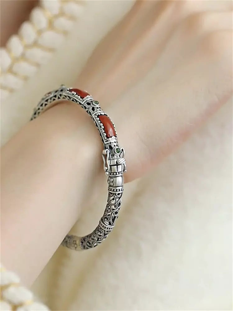 Chinese-Inspired Sterling Silver Bracelet Bangle with South Red Agate and Openwork