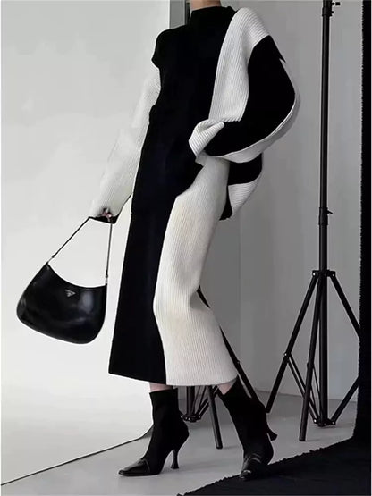 Damen-Set aus farblich abgesetztem Rollkragenpullover und Midirock