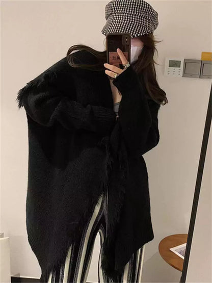 Cárdigan de punto extragrande con flecos y solapa grande de moda