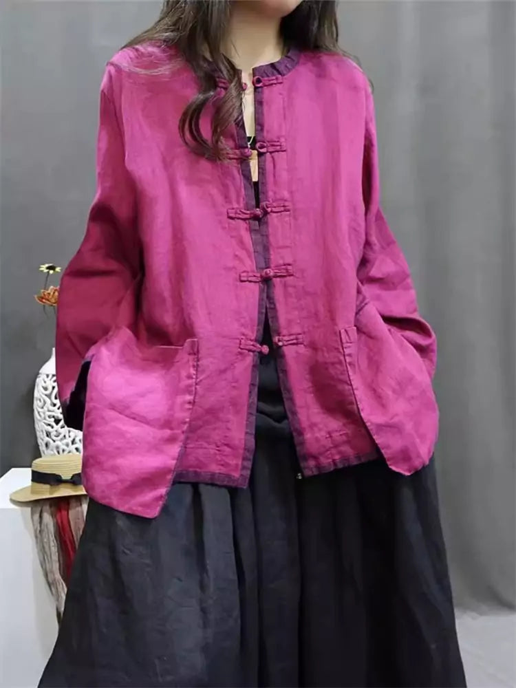 Chic Chinese Style Pink Round Neck Loose Fit Linen Blouse