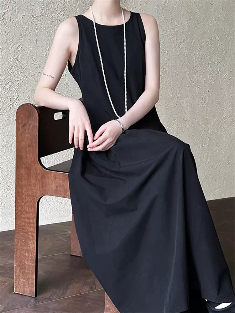 Black Minimalist Chic Pleated Tank A-line Maxi Dress