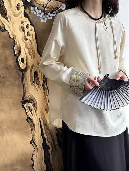 Vintage Inspired Apricot Satin Jacquard Blouse with Chinese Knot Buttons