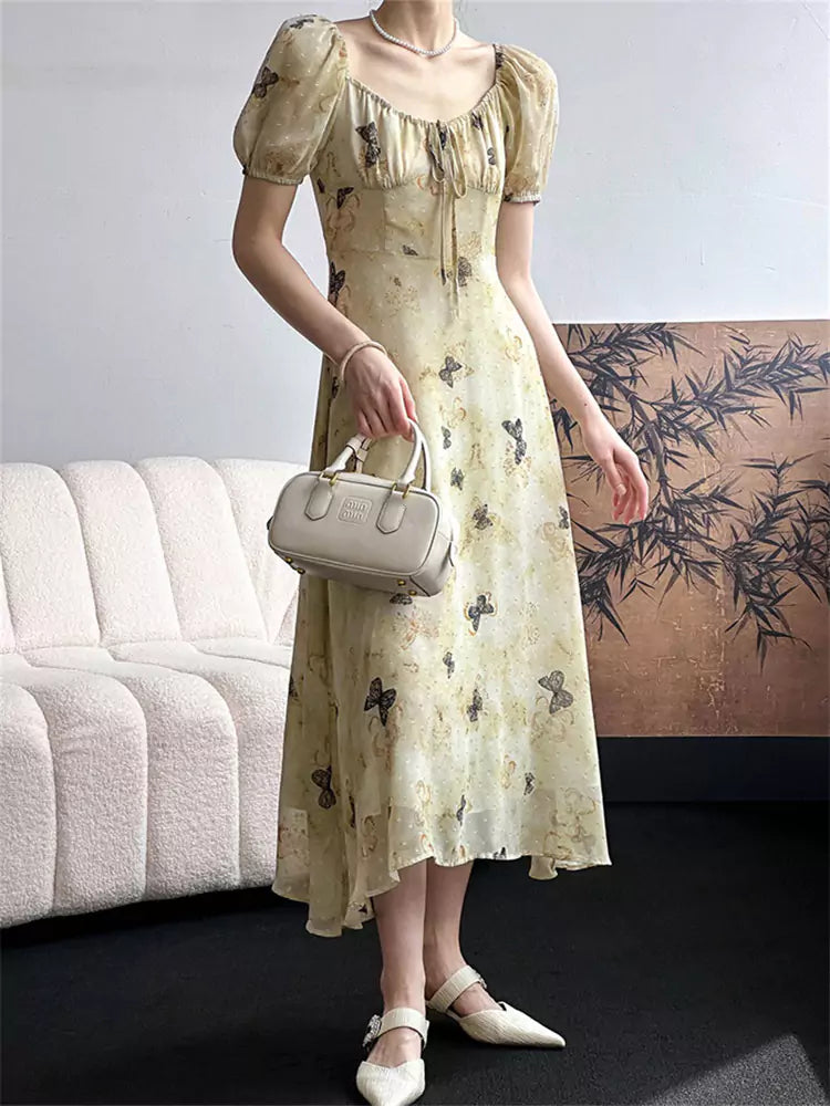 Vintage Print Elegant Slim Fit Midi Dress