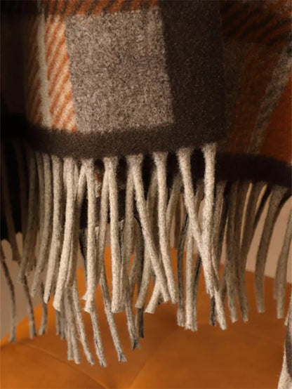 Chal de lana a cuadros con bloques de color de alta gama y borlas