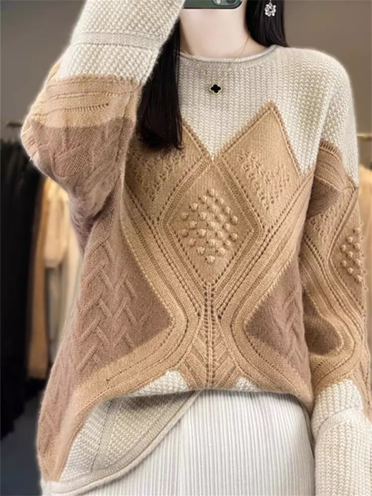 Luxuriöser grüner Kaschmirpullover mit Rundhalsausschnitt und Farbblock-Design für Damen