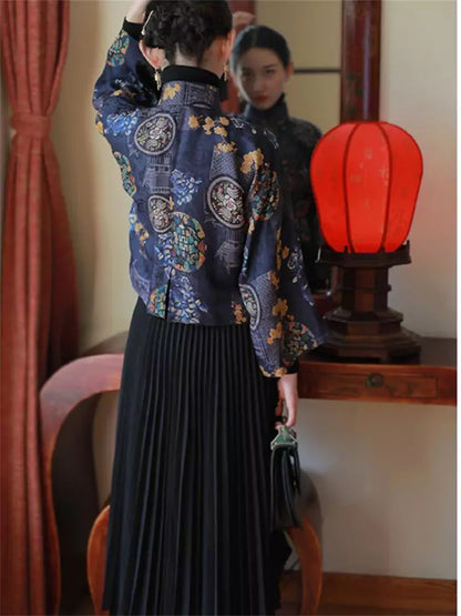Kurze Vintage-Jacke im chinesischen Stil mit fließenden Ärmeln