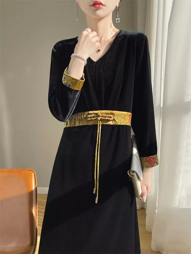 High-Waisted Black Velvet Maxi Dress with Oriental Design