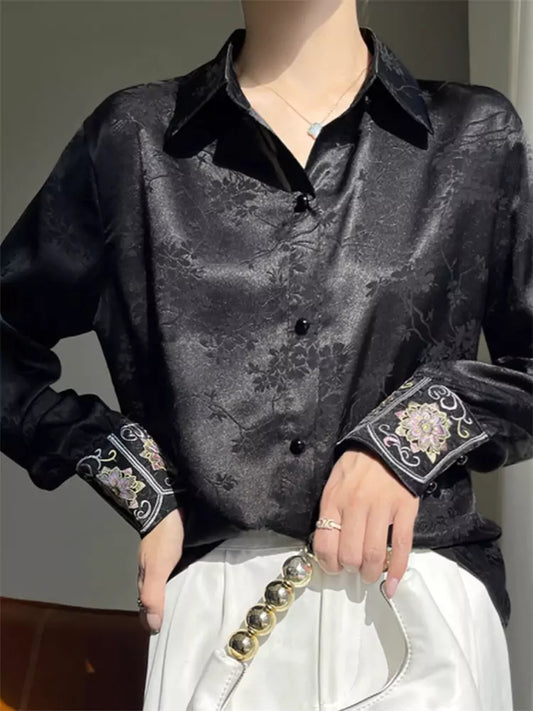 Vintage Black Oriental Jacquard Blouse with Acetate Satin Finish