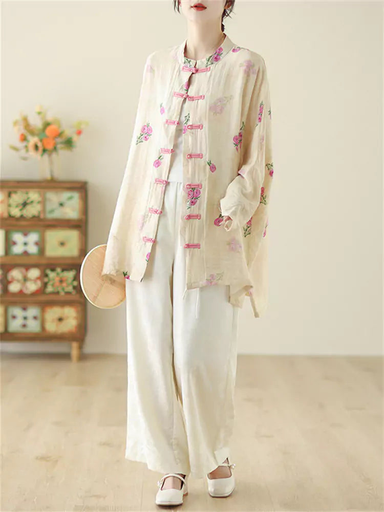 Oriental Style Loose Linen Blouse with Stand Collar and Frog Buttons