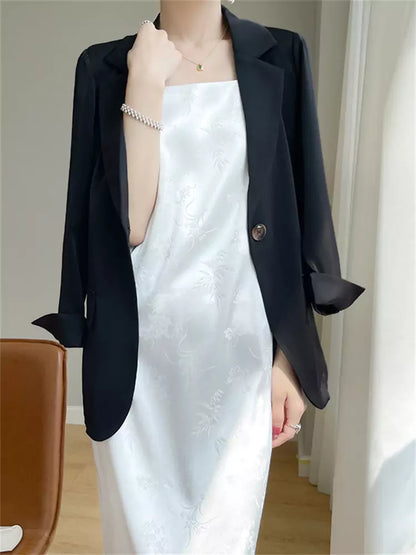 Hochwertiges schwarzes Maxikleid mit Jacquard-Trägern aus Satin-Mischgewebe im französischen Stil