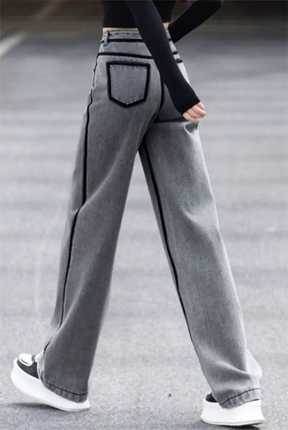 Fashionable Smoke Grey Side Stripe Straight Leg Jeans for Women