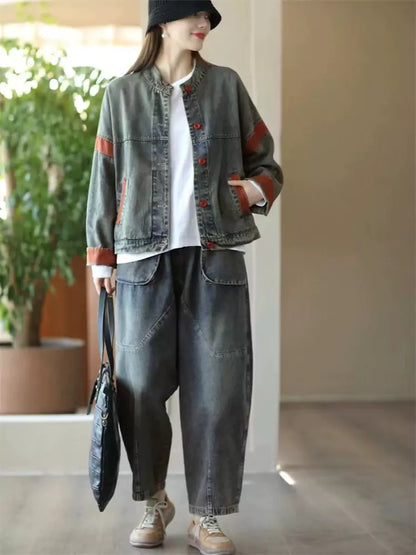 Retro-Patchwork-Jeansjacke aus gewaschenem Denim