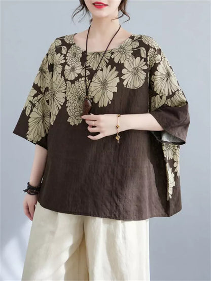 Linen Blend Ethnic Style Floral Print Batwing Sleeve Crew Neck T-Shirt