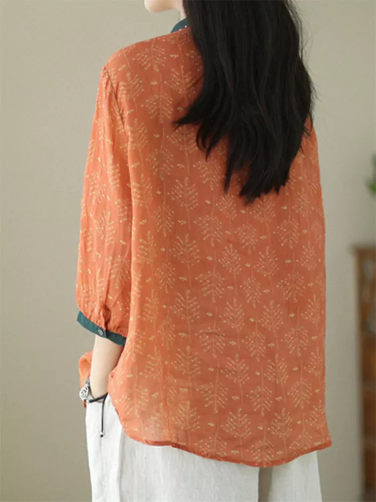 Floral Cotton-Linen Loose-Fit 3/4 Sleeve Shirt for Women