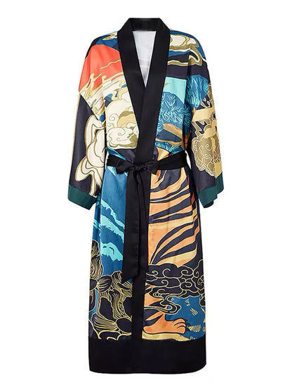 Vintage Kimono-Cardigan im chinesischen Stil – Locker geschnittene, mittellange Jacke mit offener Vorderseite und Tigerprint aus der Peking-Oper.
