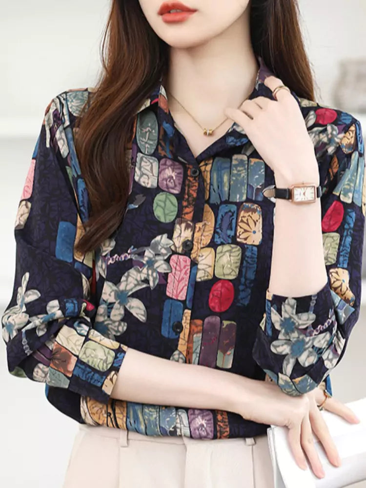 Fashion Printed Loose Fit Chiffon Blouse for Women  with Slimming Casual Style