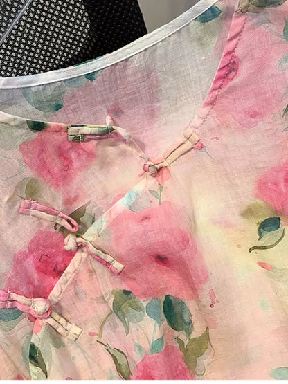 Neue sommerliche Bluse im chinesischen Stil aus rosa Ramie mit Blumenmuster, asymmetrischen Froschknöpfen und 3/4-Ärmeln