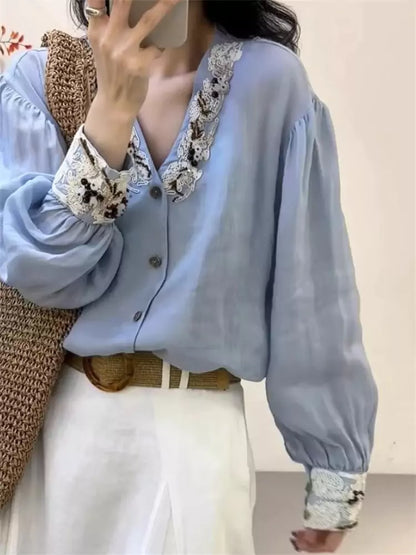 Vintage-Damenbluse im französischen Stil mit Stickerei, langärmlig, blau