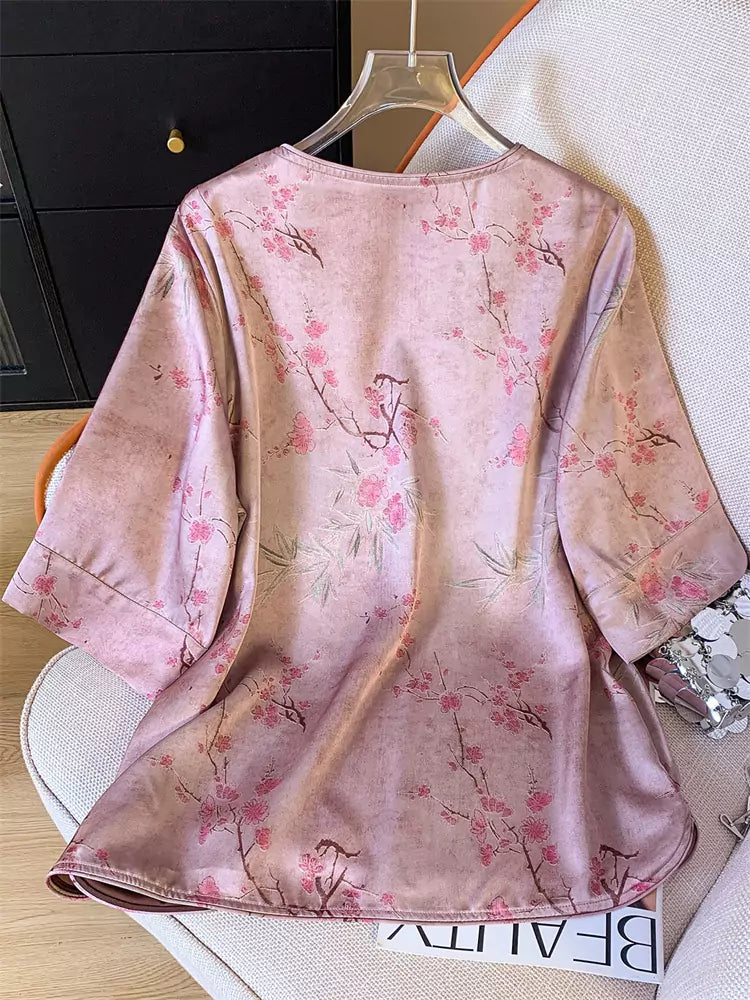 Blusa asimétrica de satén jacquard estilo chino para mujer con botones de rana