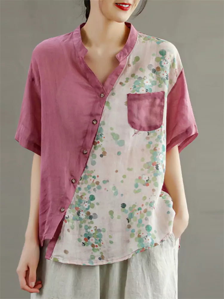 Plus Size Loose-Fit Printed Cotton-Linen Blouse for Women with Asymmetrical Closure