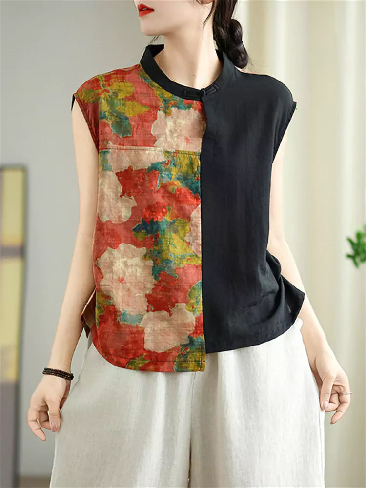 Vintage Patchwork Linen Tank Top for Women with Artistic Floral Print and Breathable Design