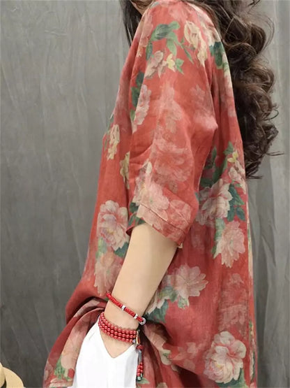 Schwarzes, locker geschnittenes, mittellanges Ramie-Top im Vintage-Stil mit 3/4-Ärmeln und Blumenmuster