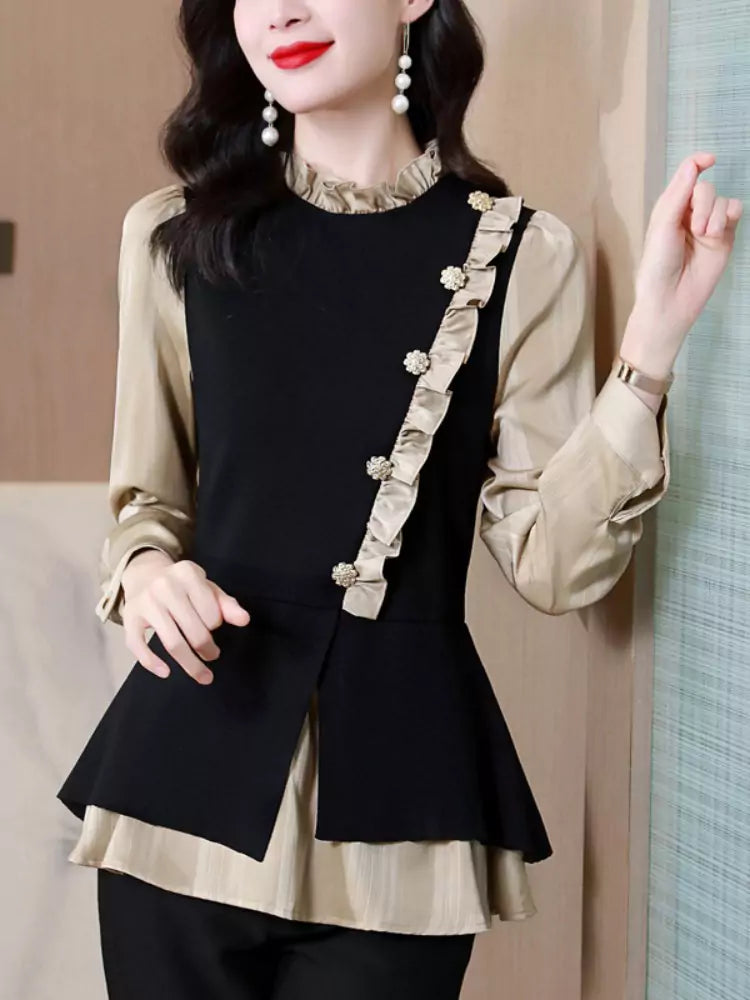 Camisa de dos piezas con cuello alto y volantes estilo francés para mujer.