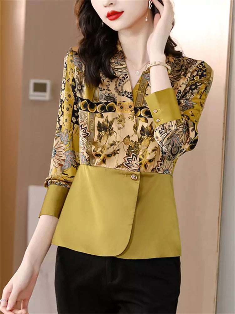 Elegante blusa de satén floral de manga larga con cintura ceñida para mujer con cuello blazer