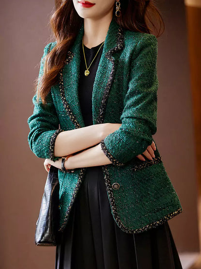 Eleganter schwarzer Tweedblazer für Damen, ideal für zierliche Frauen, Frühling/Herbst