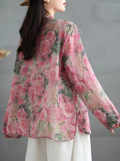 Leichte Ramie-Bluse im chinesischen Stil mit Blumenmuster, Stehkragen und Froschknöpfen