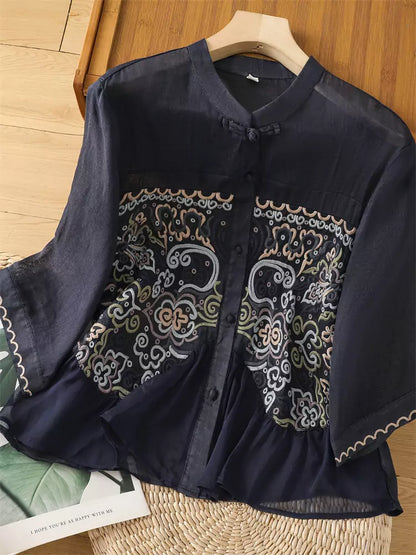 Leichtes, besticktes Ramie-Sommerhemd im chinesischen Stil für Damen