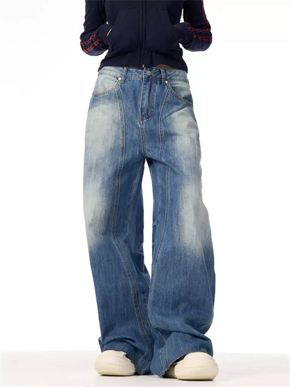 Vaqueros vintage de corte recto, lavados, de pierna ancha y con estampado de rayos para mujer