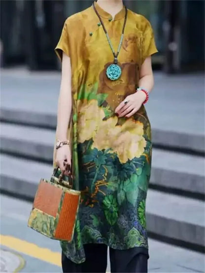 Luxuriöses, locker sitzendes Midikleid aus Maulbeerseide in großen Größen mit Blumenmuster