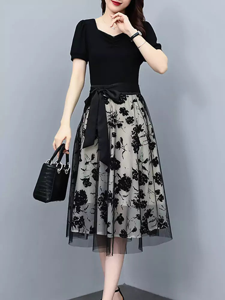 French Style Summer Floral Tie Waist Tulle Midi Dress