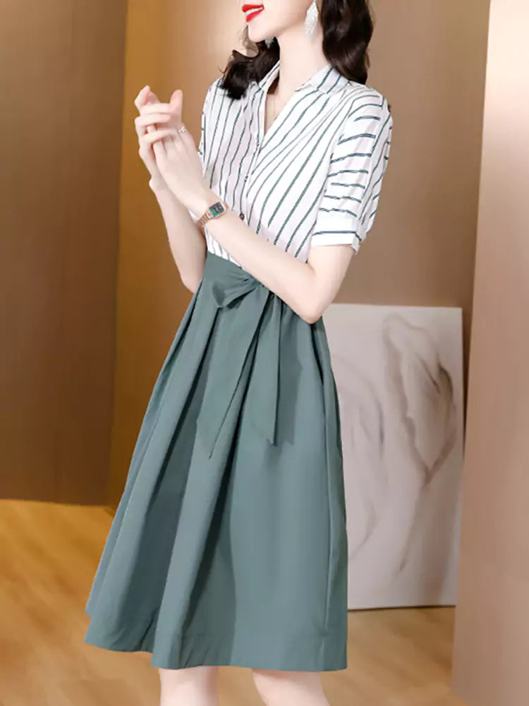 Stylish High-End Fake Two-Piece Midi Dress with Waist Slimming Design