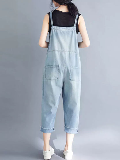 Overol vaquero holgado de talla grande 9/10 para mujer con bolsillos dobles