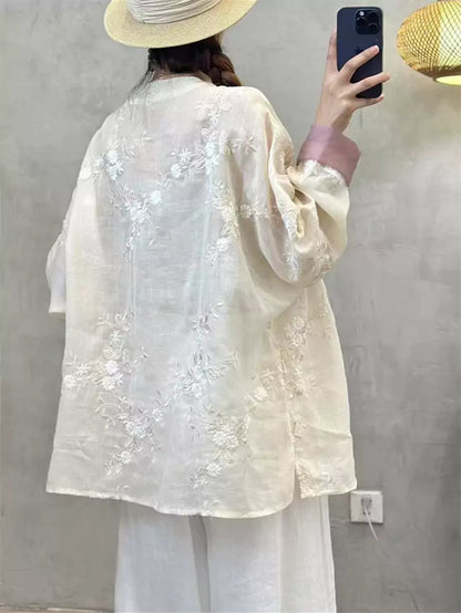 Vintage-Hemd im chinesischen Stil aus Ramie mit Stickerei und Froschknöpfen für Damen