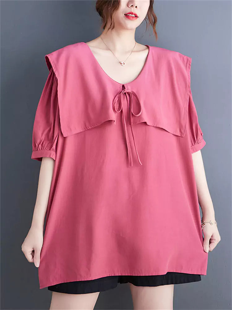 Plus Size Summer Loose-Fit Short Sleeve Shirt with Cape Detail and Doll Collar