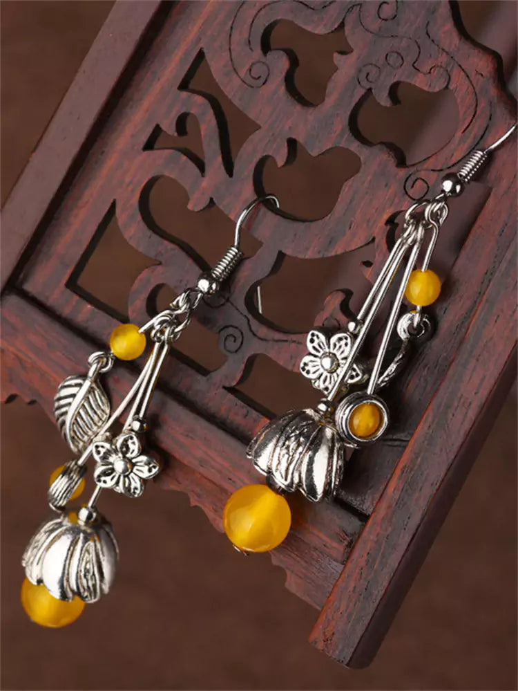 Pendientes largos colgantes de ágata amarilla de plata tibetana estilo palacio étnico