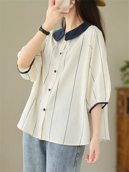 Preppy-Bluse mit Farbblock-Design, Peter-Pan-Kragen, Streifen und kurzen Ärmeln für Damen