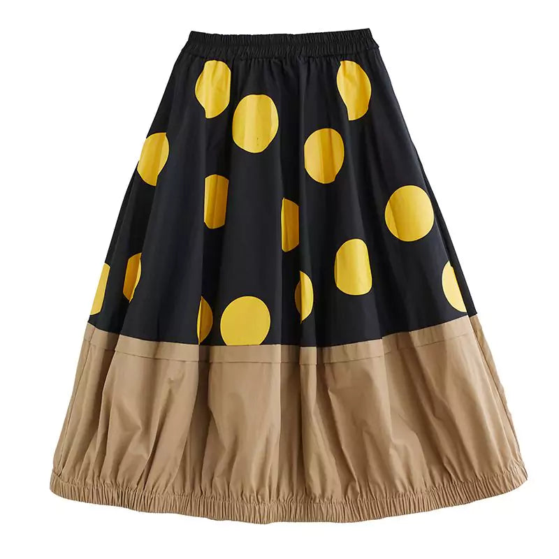 Falda holgada con estampado de lunares amarillos únicos y patchwork