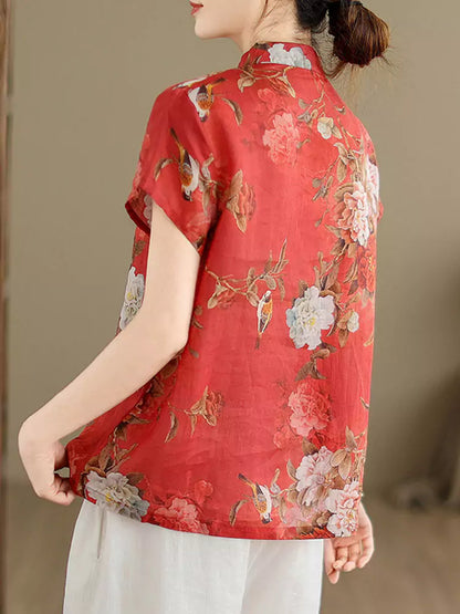 Neue Bluse im chinesischen Stil aus rotem Brokatleinen mit Stehkragen und Froschknöpfen